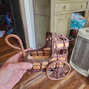 Woven Brown Wicker Toy Baby Carriage Miniature